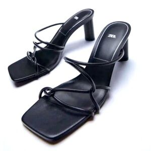 Zara Black Leather Strappy Block Heel Square Toe Mule Sandal Size 41 US 10